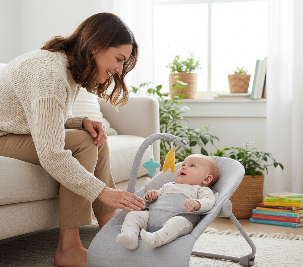 ベビー用品バウンサーで遊ぶ赤ちゃんとママ