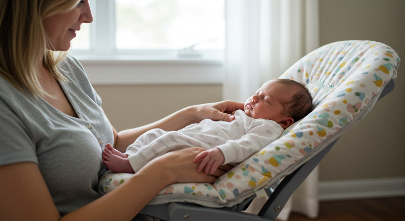 おすすめのハイローチェアで新生児が寝ている画像