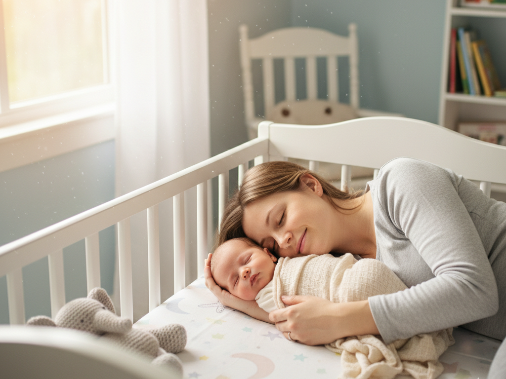 ベビーベッドで寝ている赤ちゃんとママ