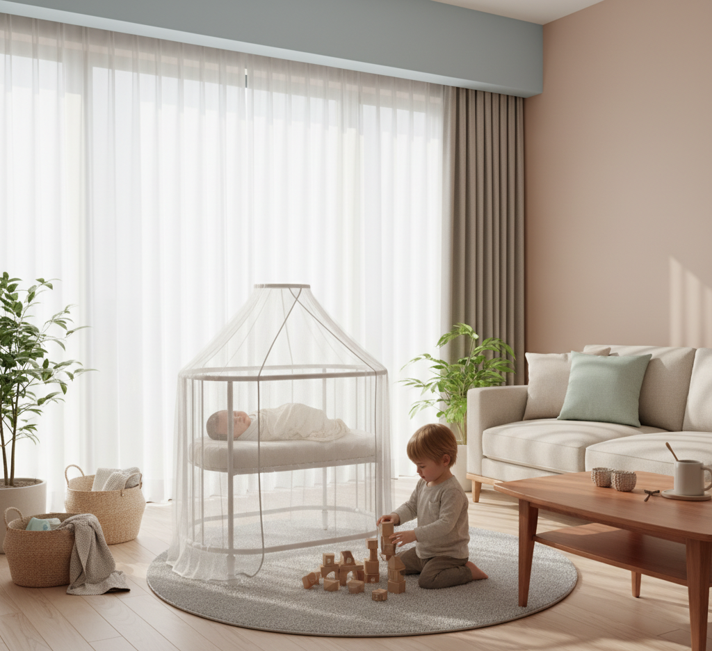 ベビーベッドで寝ている赤ちゃんと側で遊ぶ上の子