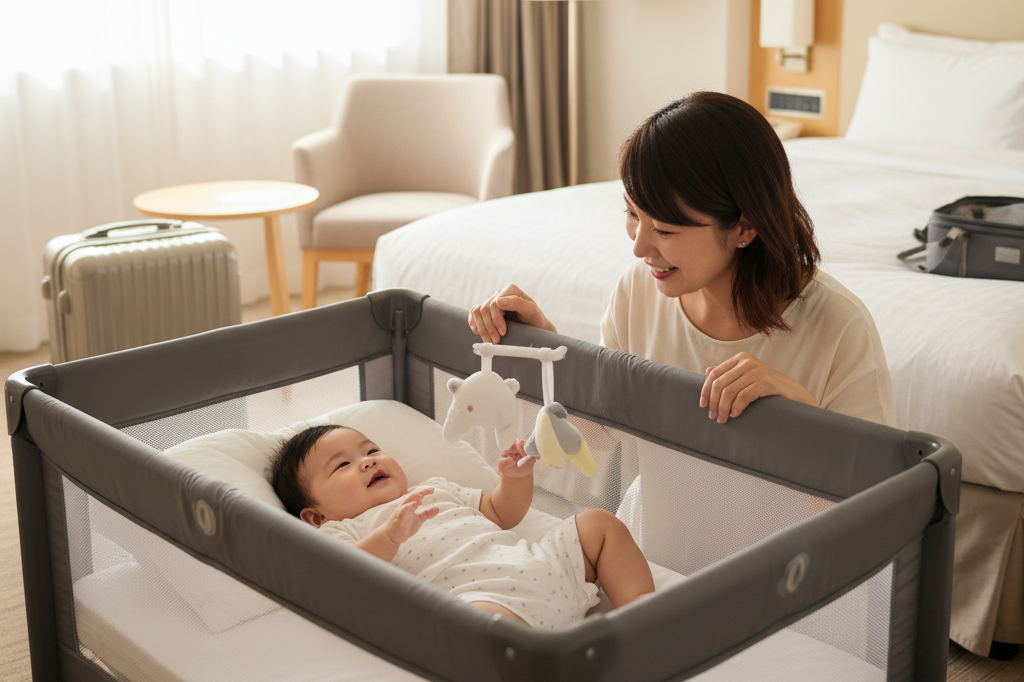旅行先のホテルのベビーベッドで寝る赤ちゃんとママ
