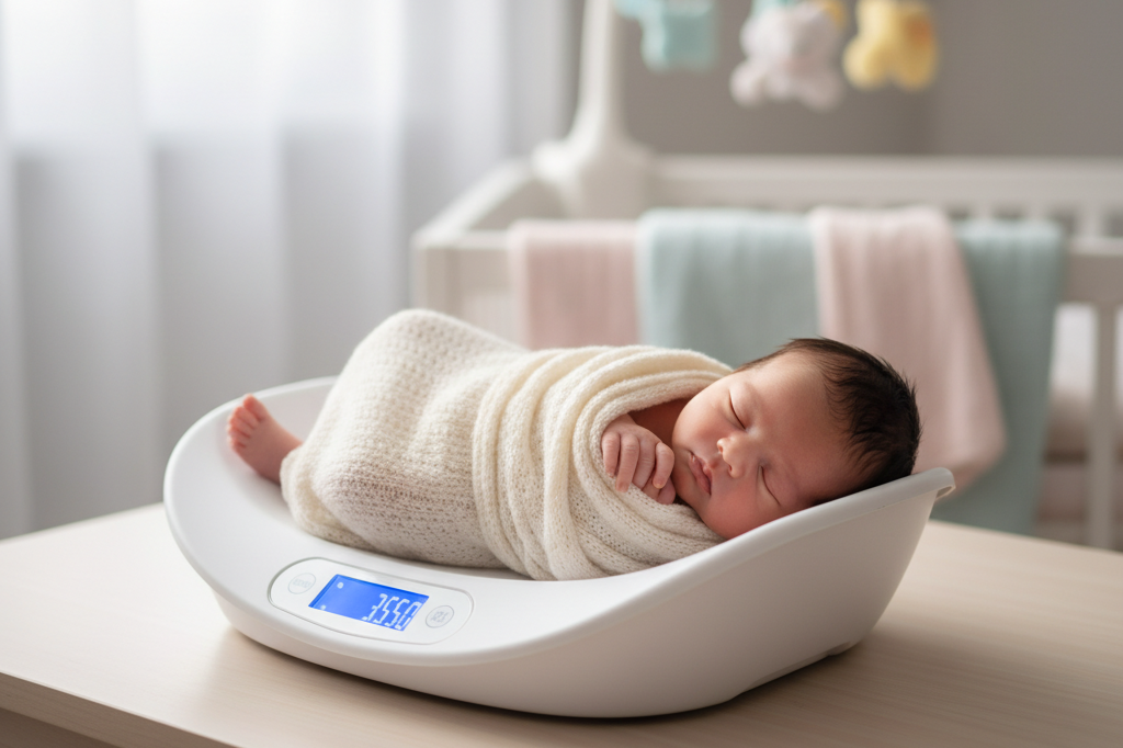 ベビースケールで体重を測る赤ちゃん