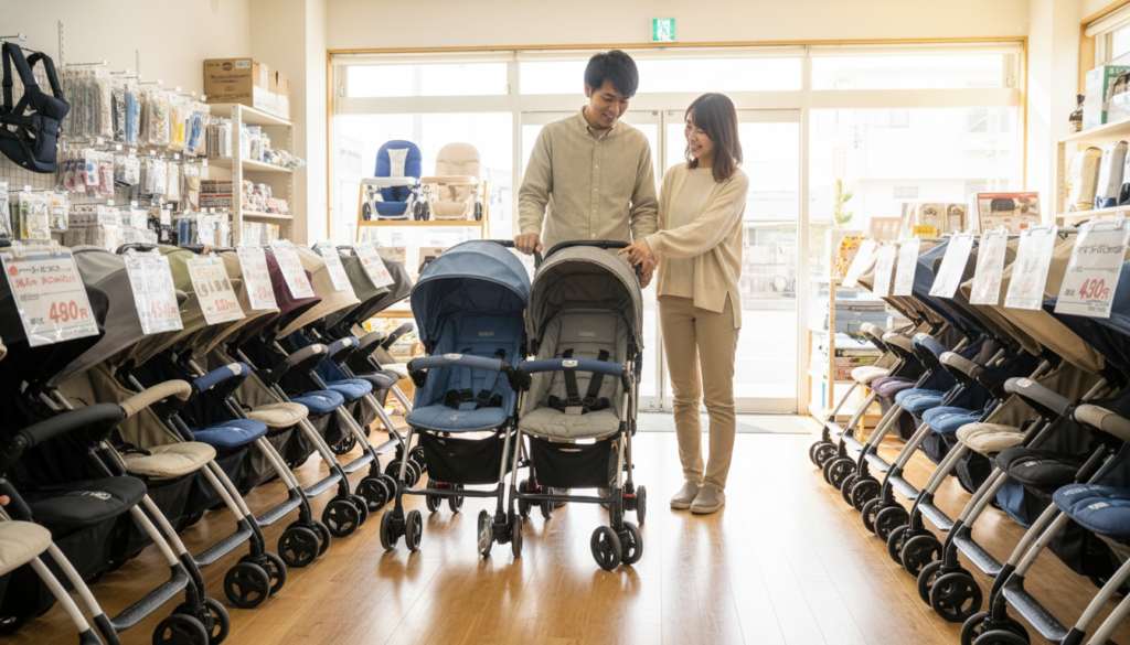 2人乗りベビーカーを選ぶママとパパ
